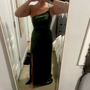 Birdy Grey Bridesmaid Dress. One shoulder, satin, olive green. Style: Kensie